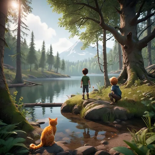 Prompt: a mysterious forest next to a lake, high quality, unreal engine , little boy playing with cat