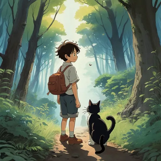Prompt: 2d studio ghibli anime style ,a boy and a cat playing in forest  , fantasy art, storybook illustration, a storybook illustration