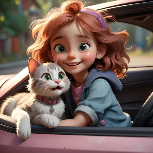 Prompt: cute happy little girl with a cat in car , high quality, unreal engine 