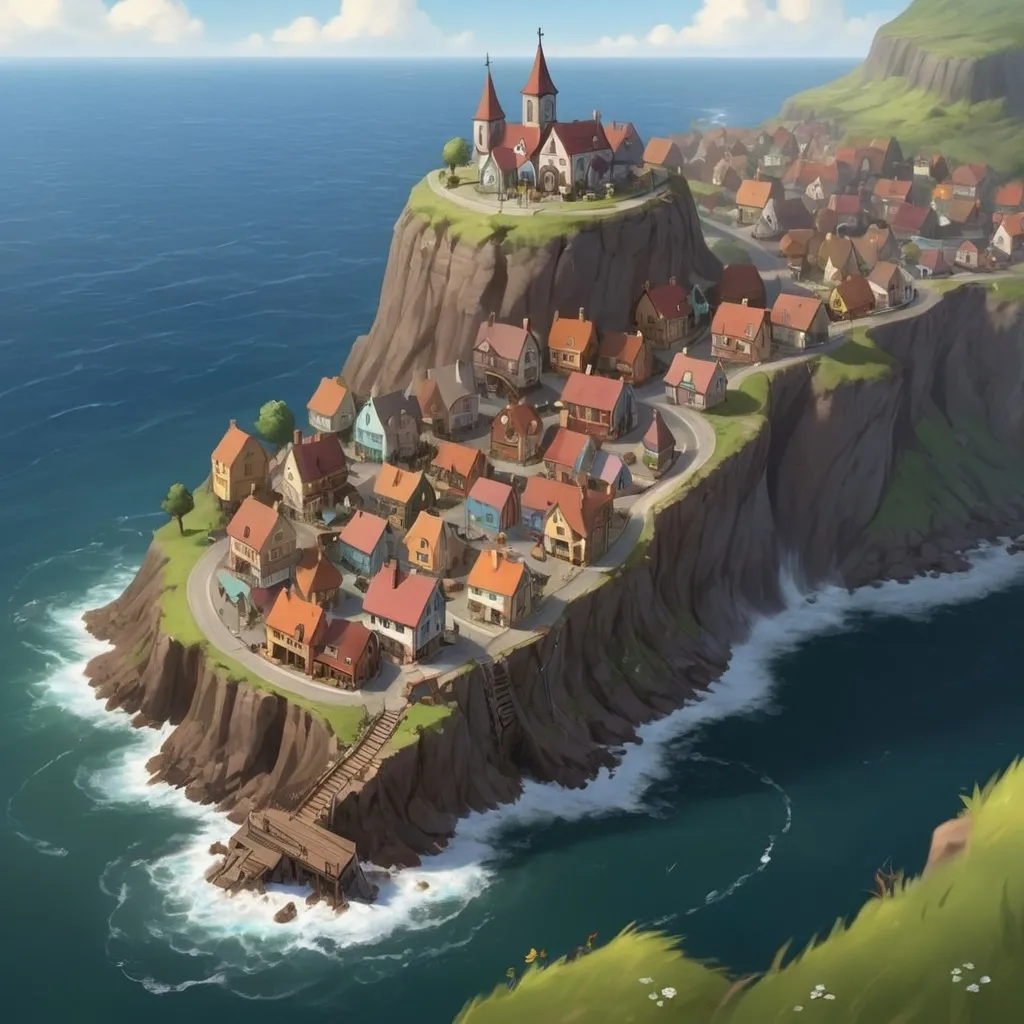 Prompt: Hi, can you make me a map of a small town called Clef, a musical town that I’m making for my dnd one shot, can you make some of the town on a cliff, and can you make the town in the shape of a musical clef please
Overlooking the Melodian Ocean