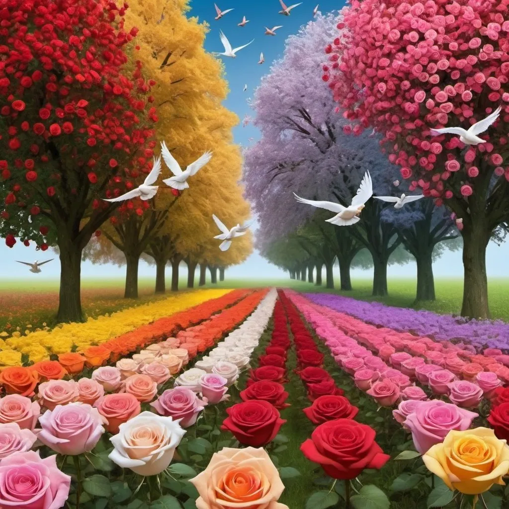 Prompt: Roses with different colors on field and they make a word (Alice my love) with beautiful trees of different colours surrounding the field and birds of different kind flying in the air