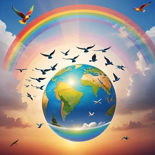 Prompt: The world Gift floating in the air with beautiful rainbows crossing it and birds flying on a sunset.