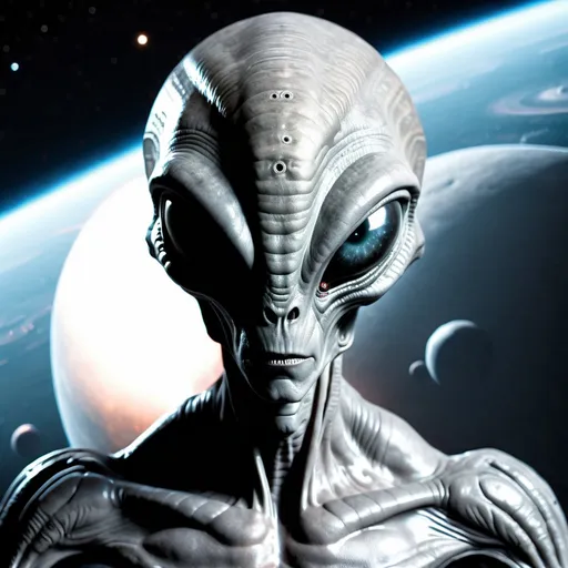 Prompt: Angry grey alien looking at massive spaceship in space