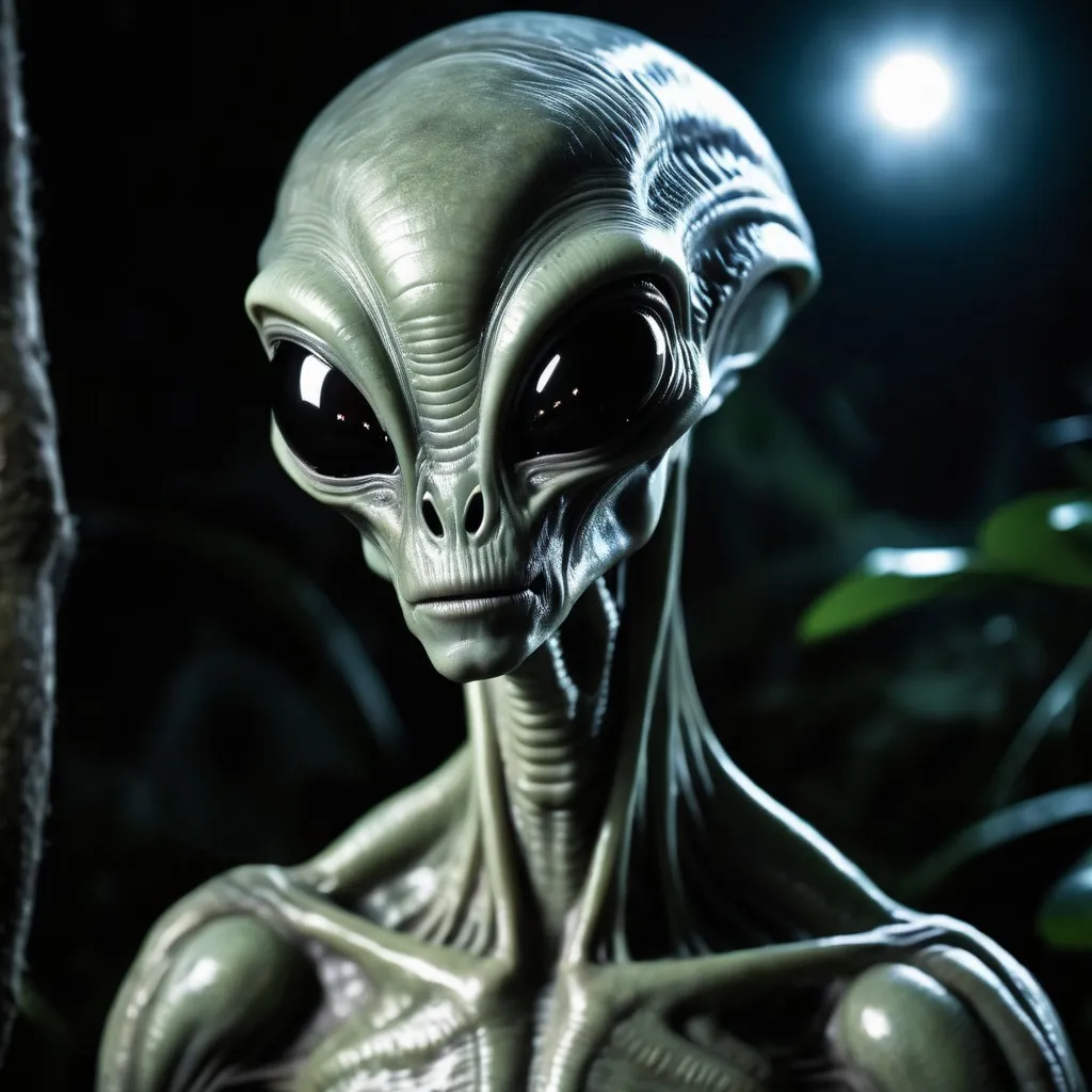 Prompt: grey alien in jungle at night