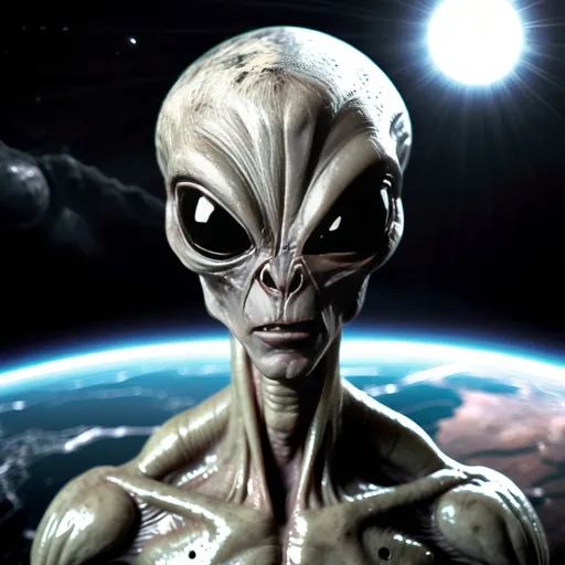 Prompt: Grey alien, large black eyes, high detailed skin, angry eyes, evil, earth background from space.