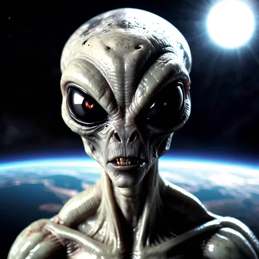 Prompt: Grey alien, large black eyes, high detailed skin, angry eyes, evil, earth background from space.