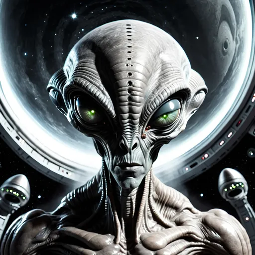 Prompt: Angry grey alien looking at massive spaceship in space