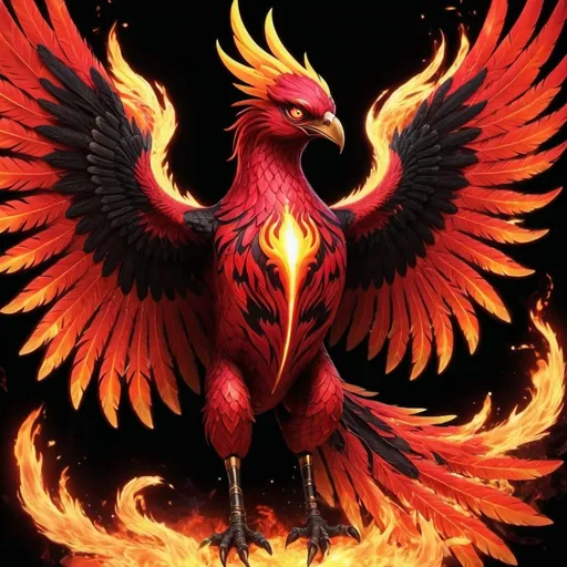 Prompt: Red Phoenix with bright glowing Eyes, big Wings with black details, Flames in background