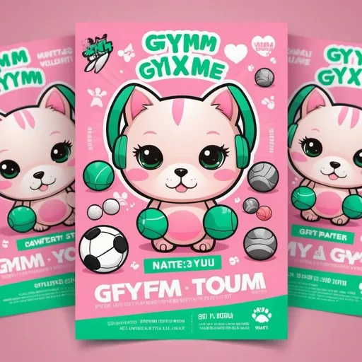 Prompt: Find your gym mate sports flyer for all enthusiasts of sports. Kawaii design for Pet using colors green, white and pink