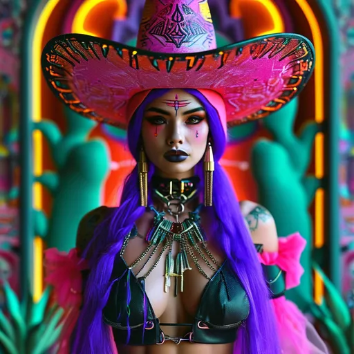 Prompt: (synthwave goth witch), mexican, retro-futuristic elements, ornate gothic attire, shamanistic attributes, 4K resolution, ultra-detailed, bodybuilder physique,  long purple and teal hair, full body outfit, no pink