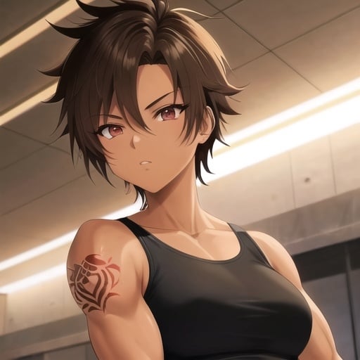 Prompt: Anime-style illustration of a tomboy with short brown hair, dark red eyes, tanned skin, tattoos, slightly muscular physique, best quality, highres, detailed eyes, anime, cool tones, athletic, professional, atmospheric lighting