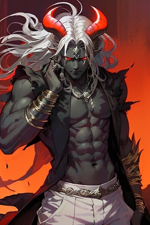 Prompt: Powerful male demon with white-ash skin and glowing red eyes, mutton horns, messy hair, ornate silver jewelry, elegant white shirt, black suit pants, high quality, detailed, dark fantasy, intimidating presence, glowing eyes, ornate details, dramatic lighting, big, muscular, strong