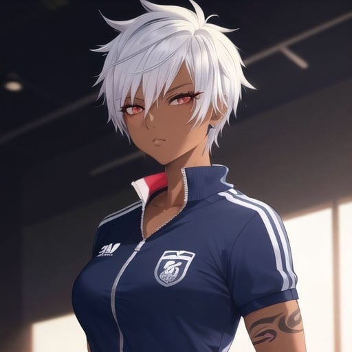 Prompt: Anime-style illustration of a tomboy with short white hair, red eyes, dark skin, tattoos, blue school tracksuit, athletic physique, detailed eyes, hot pose, bursty, best quality, highres, cool tones, atmospheric lighting, professional, cool pose, anime, detailed eyes