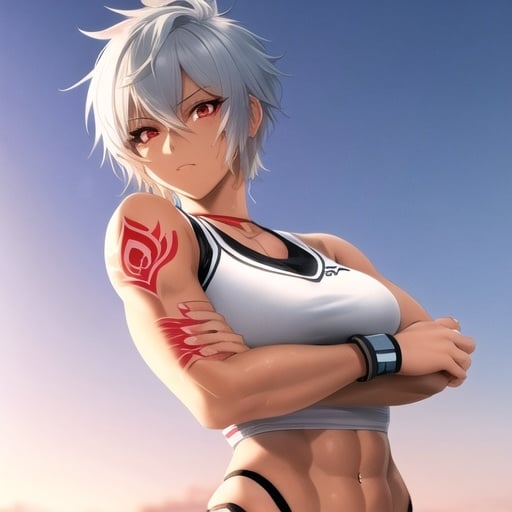 Prompt: Anime-style illustration of a tomboy with short white hair, red eyes, tanned skin, tattoos, athletic physique, best quality, highres, detailed eyes, anime, cool tones, athletic, professional, atmospheric lighting