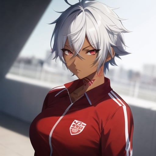 Prompt: Anime-style illustration of a tomboy with short white hair, red eyes, dark skin, tattoos, blue school tracksuit, athletic physique, detailed eyes, cat eyes, cool pose, best quality, highres, cool tones, atmospheric lighting, professional, bursty, anime, messy hair