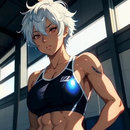 Prompt: Anime-style illustration of a tomboy with short white hair, red eyes, tanned skin, tattoos, athletic physique, blue school swimming suit, detailed eyes, athletic physique, bursty, atmospheric lighting, best quality, highres, anime, cool tones, professional