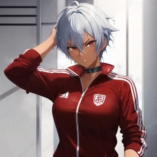 Prompt: Anime-style illustration of a tomboy with short white hair, red eyes, dark skin, tattoos, blue school tracksuit, athletic physique, thin eyes, cool pose, highres, best quality, cool tones, atmospheric lighting, wet, messy hair, bursty, professional, wet skin, wet clothes, see through, angry, anime