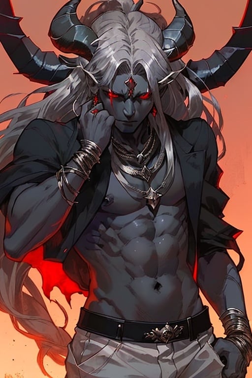 Prompt: Powerful male demon with white-ash skin and glowing red eyes, mutton horns, messy hair, ornate silver jewelry, elegant white shirt, black suit pants, high quality, detailed, dark fantasy, intimidating presence, glowing eyes, ornate details, dramatic lighting, big, muscular, strong