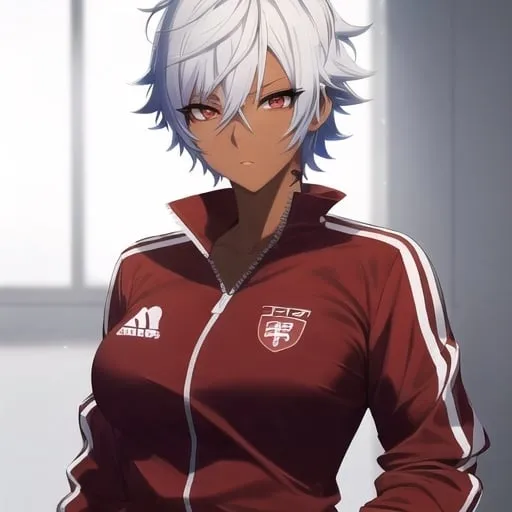 Prompt: Anime-style illustration of a tomboy with short white hair, red eyes, dark skin, tattoos, blue school tracksuit, athletic physique, detailed eyes, cat eyes, cool pose, best quality, highres, cool tones, atmospheric lighting, professional, bursty, anime, messy hair