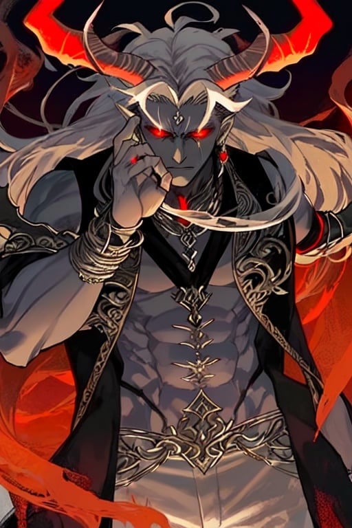 Prompt: Powerful male demon with white-ash skin and glowing red eyes, mutton horns, messy hair, ornate silver jewelry, elegant white shirt, black suit pants, high quality, detailed, dark fantasy, intimidating presence, glowing eyes, ornate details, dramatic lighting, big, muscular, strong