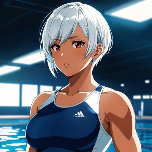 Prompt: Anime-style illustration of a tomboy with short white hair, red eyes, tanned skin, tattoos, athletic physique, blue school swimming suit, detailed eyes, athletic physique, bursty, atmospheric lighting, best quality, highres, anime, cool tones, professional