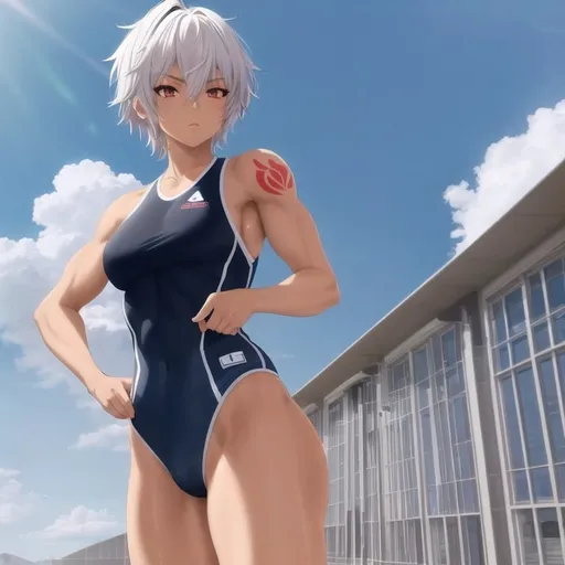 Prompt: Anime-style illustration of a tomboy with short white hair, red eyes, tanned skin, tattoos, athletic physique, blue school swimming suit, detailed eyes, athletic physique, bursty, atmospheric lighting, best quality, highres, anime, cool tones, professional