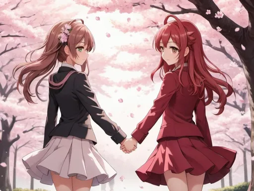 Prompt: Anime illustration of Neko Kotori Minami holding hands with Maki Nishikino, lots of contrast, high-resolution, anime style, cherry blossom backdrop, detailed eyes, elegant outfits, soft pastel tones, sakura petals in the air, best quality, vibrant colors, detailed outfits, dark-coloured outfits, hand in hand, romantic, cherry blossom backdrop, elegant design, soft lighting, skirt hold