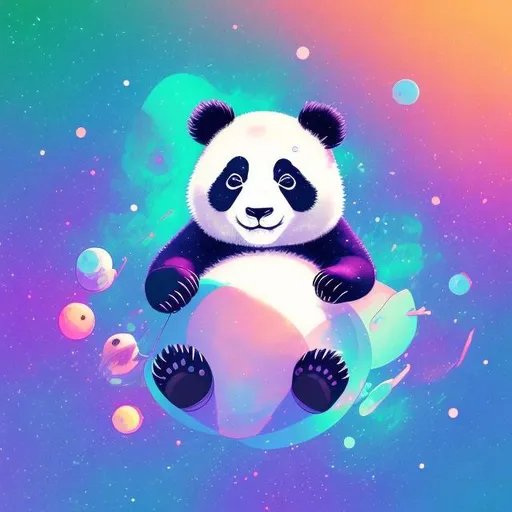 Prompt: Panda floating in space, cosmic background, vibrant space colors, adorable and detailed fur, peaceful and serene expression, high quality, digital art, space-themed, cosmic colors, detailed fur, adorable, peaceful expression, atmospheric lighting