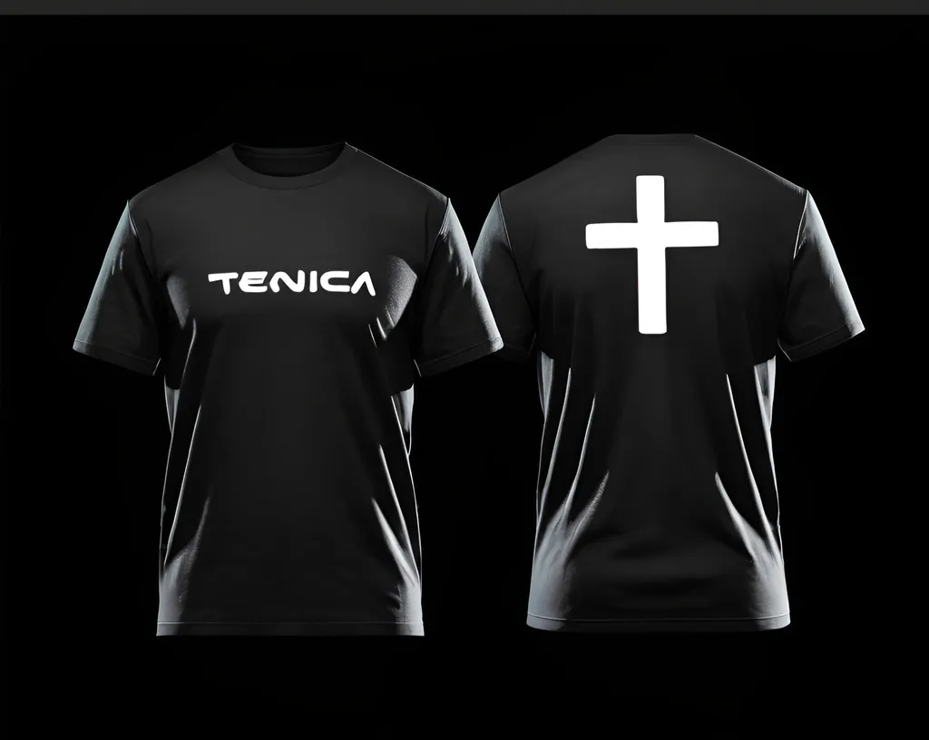 Prompt: Front and back view of a black shirt, 'TECNICA' on front left side, large cross and mix logo on the back, stage light, realistic 3D rendering, high quality, detailed fabric texture, professional lighting, black shirt, TECNICA logo, back design, stage light, 3D rendering, realistic, highres, detailed, professional, front and back view