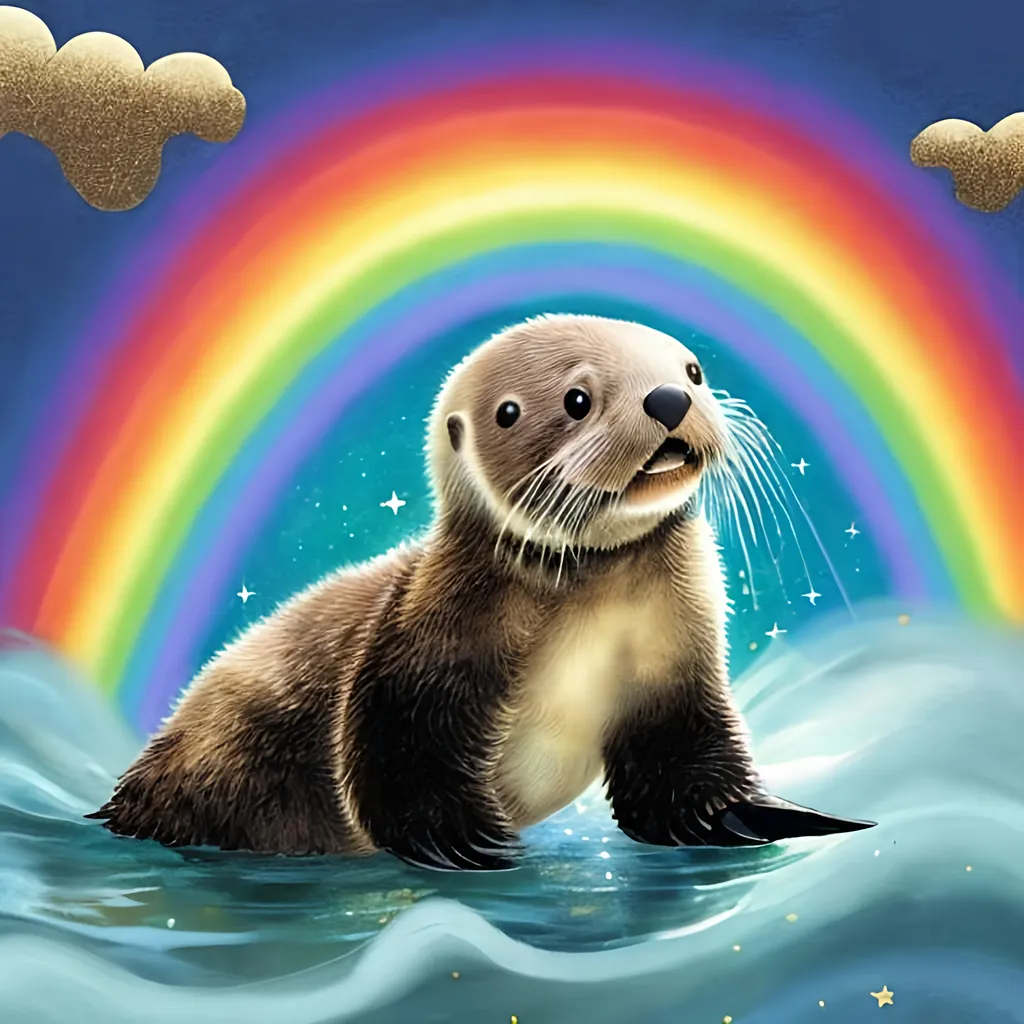 Prompt: Realistic comic art of an baby sea otter riding on top of a rainbow while farting golden glitter stars
