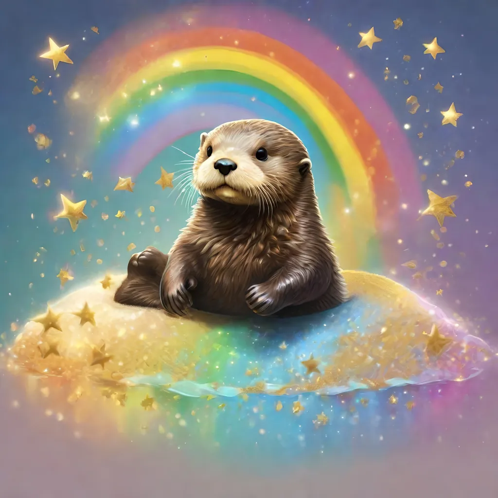 Prompt: Realistic comic art of an baby sea otter riding on top of a rainbow while farting golden glitter stars
