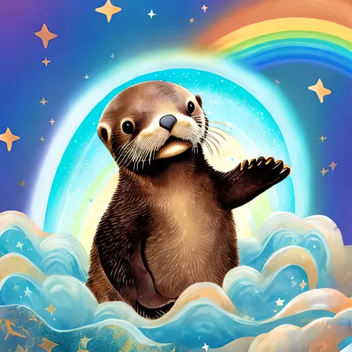 Prompt: Realistic comic art of an baby sea otter riding on top of a rainbow while farting golden glitter stars
