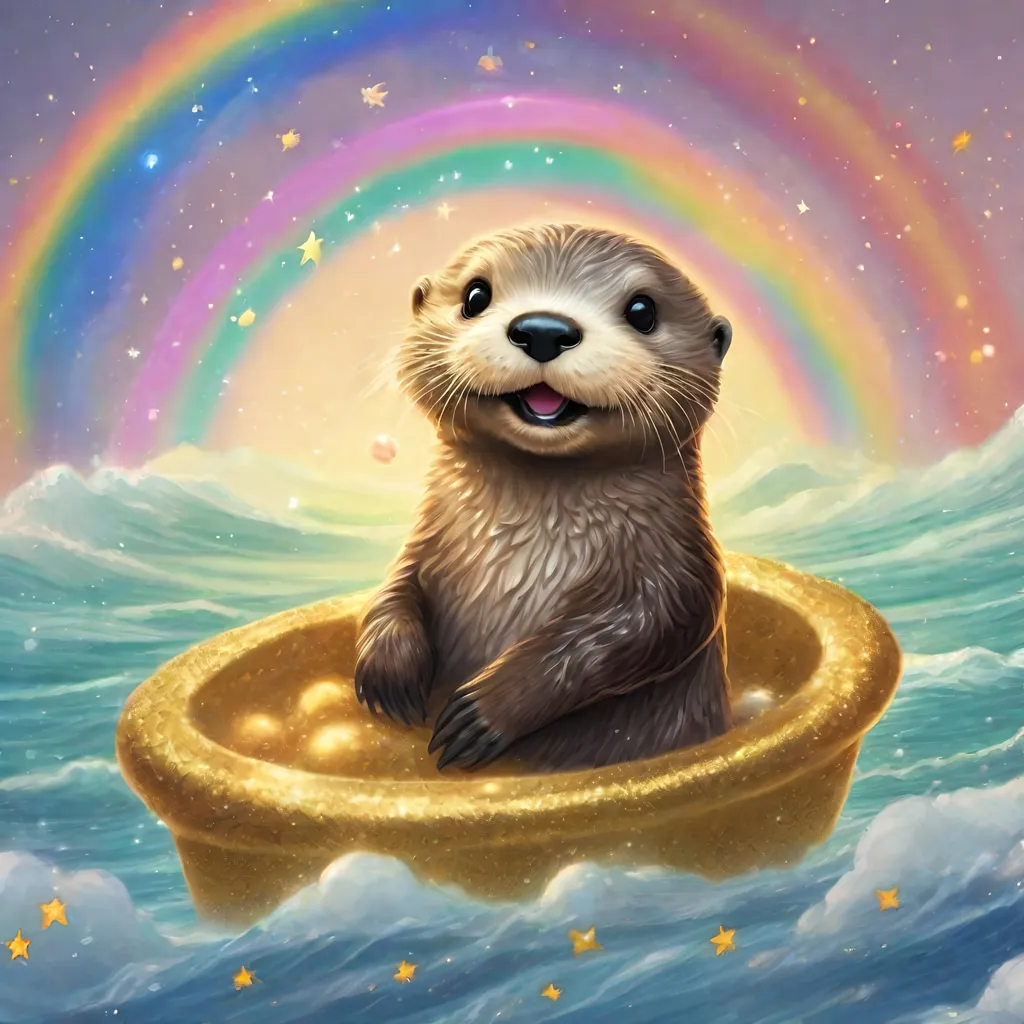 Prompt: Realistic comic art of an baby sea otter riding on top of a rainbow while farting golden glitter stars
