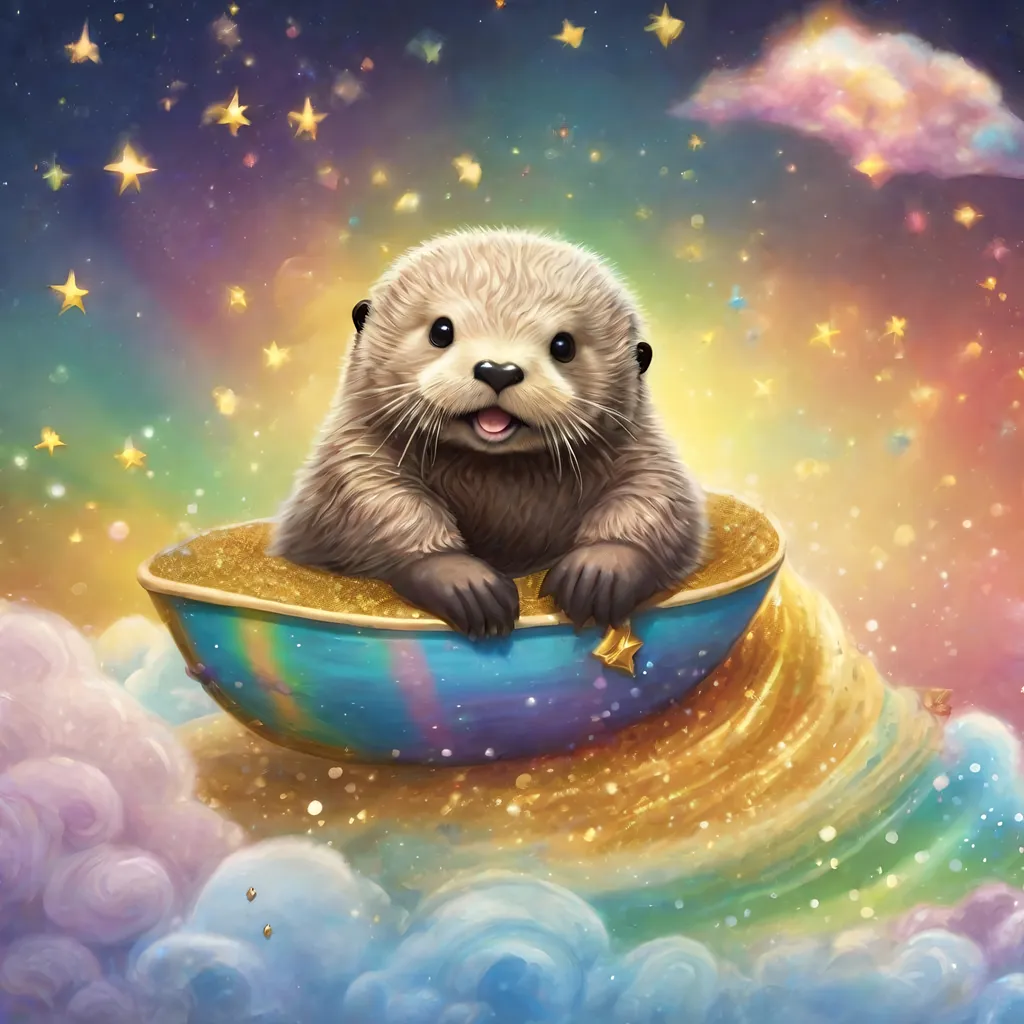 Prompt: Realistic comic art of an baby sea otter with riding on top of a rainbow while farting golden glitter stars
