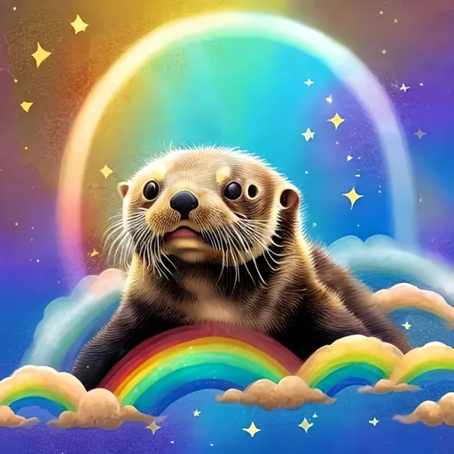 Prompt: Realistic comic art of an baby sea otter with riding on top of a rainbow while farting golden glitter stars
