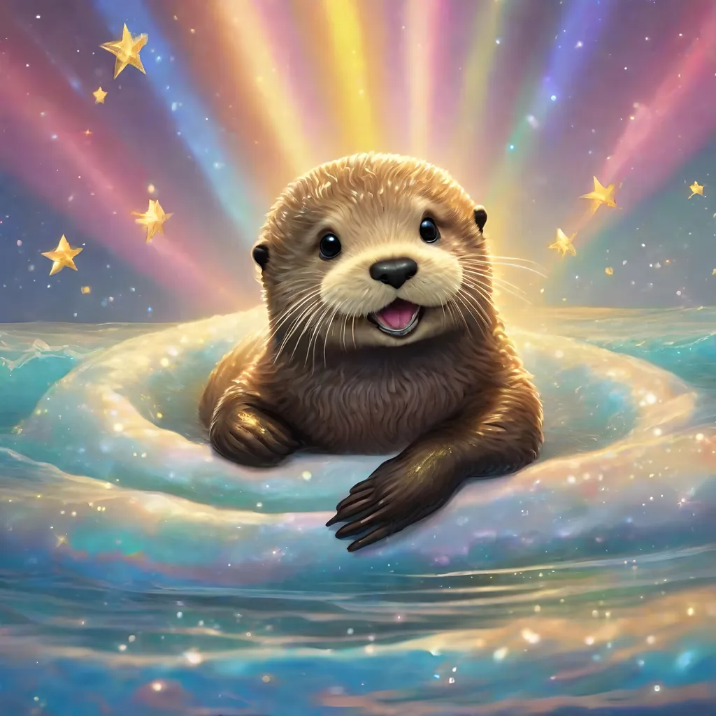 Prompt: Realistic comic art of an baby sea otter with riding on top of a rainbow while farting golden glitter stars
