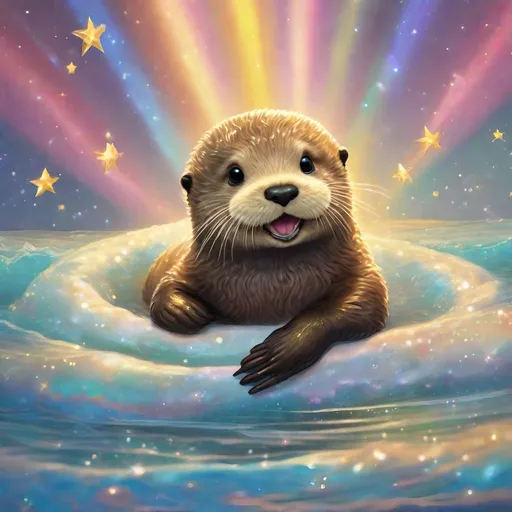 Prompt: Realistic comic art of an baby sea otter with riding on top of a rainbow while farting golden glitter stars
