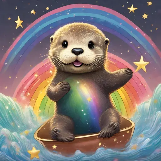 Prompt: Realistic comic art of an baby sea otter riding on top of a rainbow while farting golden glitter stars
