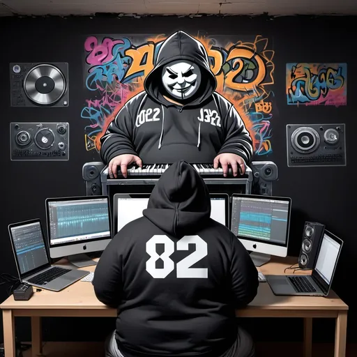 Prompt: At 12 o'clock at night, a fat boy with a hidden face is composing music on a laptop, wearing a black hoodie with 021 engraved on the back, with a baggy and dumb look, and a graffiti 021 on the wall of his room, and a large digital wall clock showing zero, and a musical keyboard, a DJ machine, an organ, and a golden Oscar statuette on his desk.