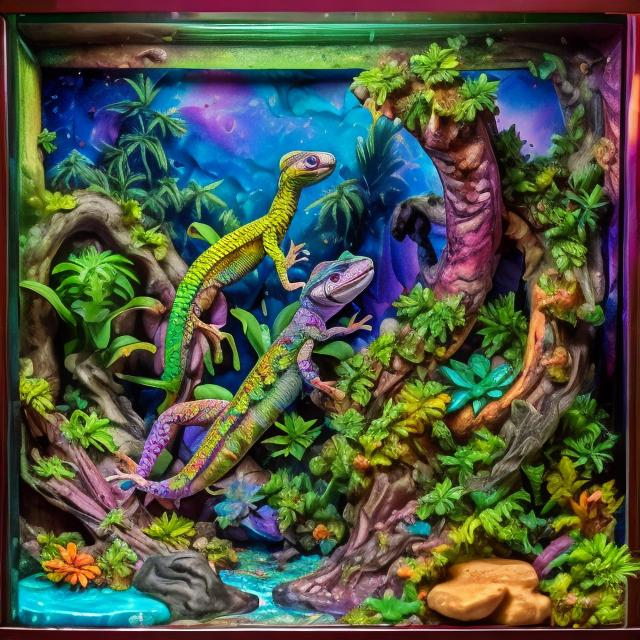 Prompt: vivarium Diorama with geckos in the style of lisa frank 