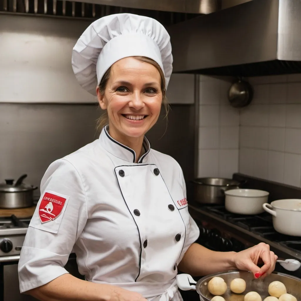 Prompt: A forty-year-old woman, a cook preparing food in a cooking uniform, stands smiling