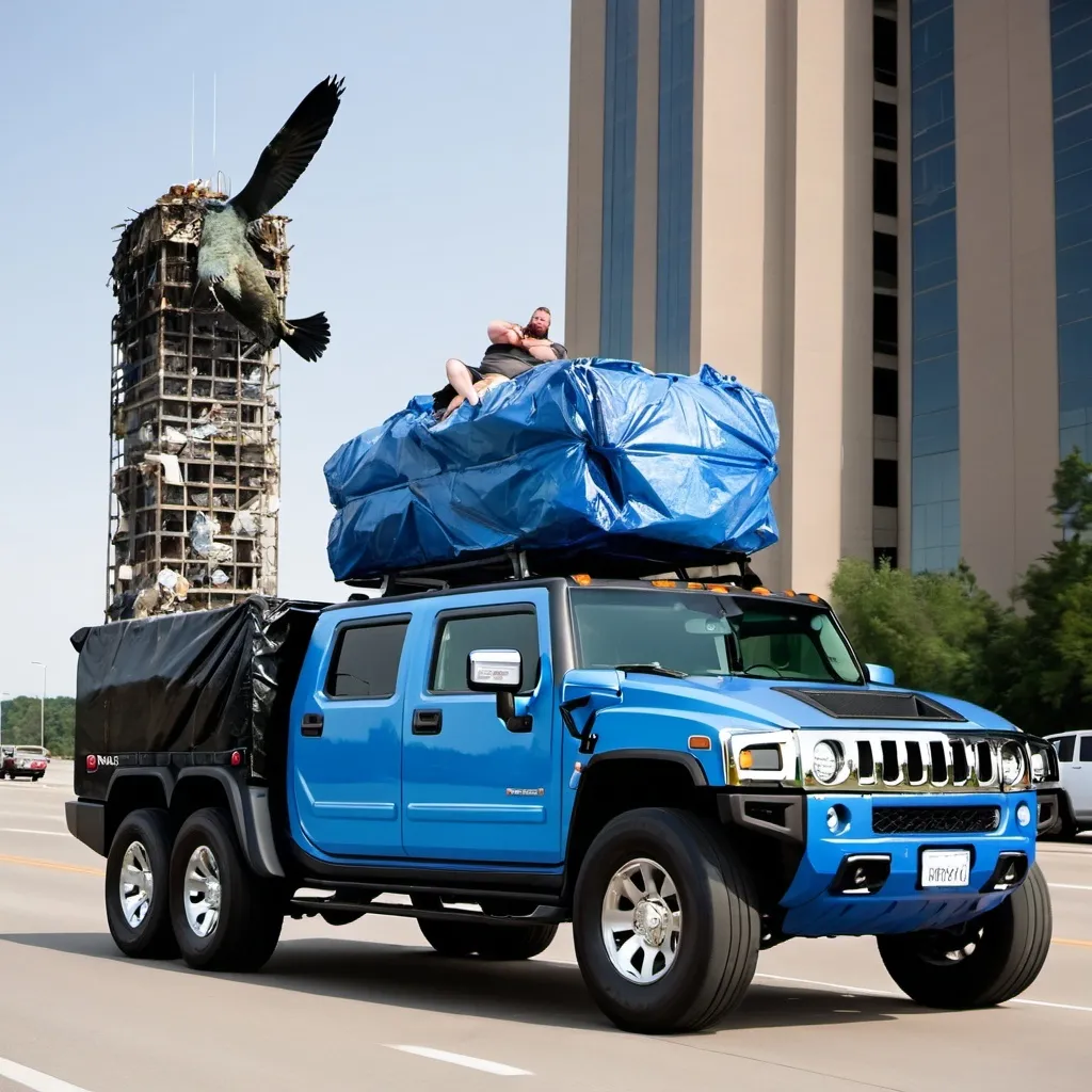 Prompt: Hummer on interstate, blue tower attached to Hummer, fat viking reclining on tower with trash