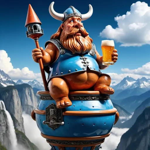 Prompt: Regal fat viking holding basset hound beer stein, sitting on flying toilet rocket, enormous blue German palace in mountains 