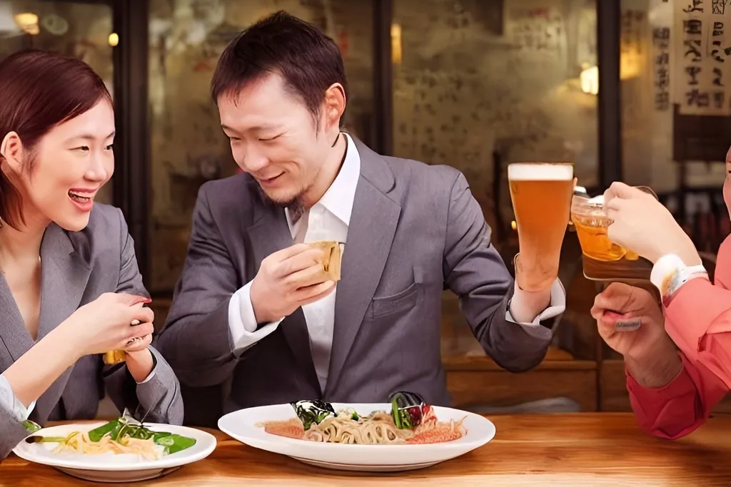 Prompt: Two persons ((A man and his wife in business suits)) enjoying ramen and beer together in a cozy Japanese ramen shop, realistic picture, detailed. High resolution