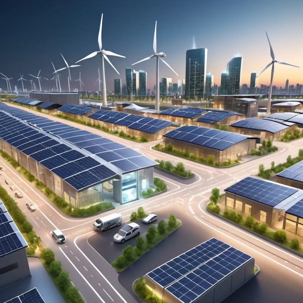 Prompt: cityscape with smart grid, solar and wind-powered buildings and vehicles, high-tech infrastructure, renewable energy sources, eco-friendly transportation, ultra-detailed, 3D rendering, dynamic lighting