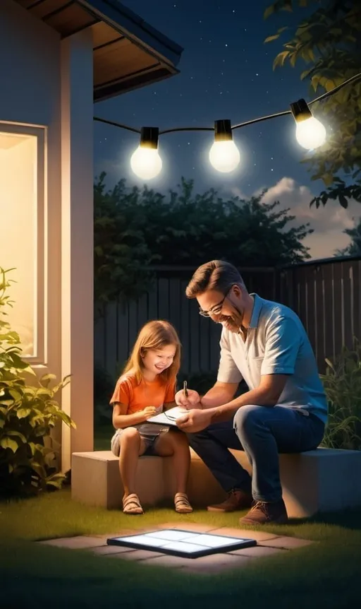 Prompt: Father's day poster , father and children in the yard under a modern solar garden light, write Happy Weekend, Happy Father's Day.