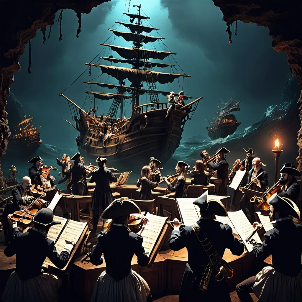 Prompt: Pirate orchestra, the pirates must be as dark and ominous as sea monsters. The orchestra should be on a stage at the bottom of a shipwreck