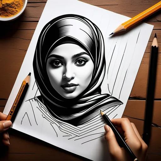 Prompt: Imagine A beautiful pakistani stylish lady in a black hijab robe looks like part of a sketch drawing on lined paper. This effect creates the illusion that the woman is cut out by the lines in the paper. Next to the paper there is a pencil placed on a wooden surface, which could be a table or floor, with the signature golden Rabia [POD] underneath photography, Hd, very shap