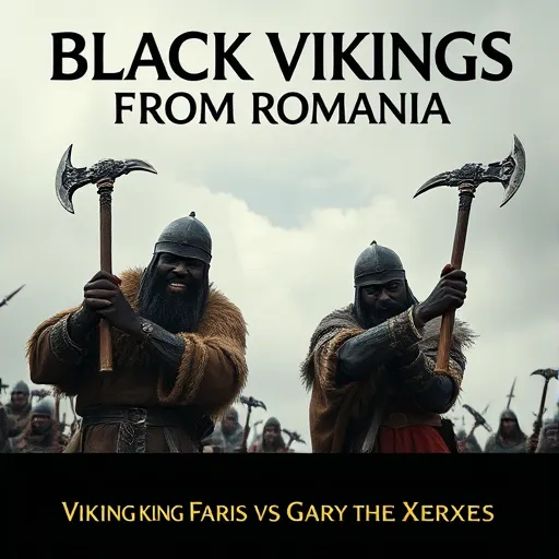 Prompt: A movie poster that says "Black Vikings From Romania" above the image of black viking men holding battle axes. Underneath the image are the words, “Viking king Faris vs Gary the Xerxes”