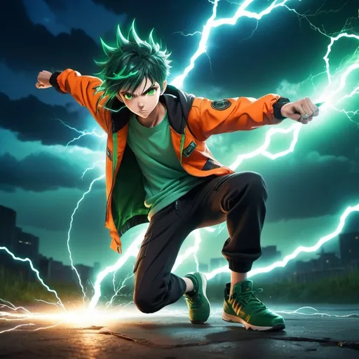 Prompt: Anime Teenage Boy, Slightly Dark Green Hair, Orange Eyes, Wearing Orange Jacket with Green Shirt and Black Pants with Green Shoes, In a Combat Pose While Holding Lightning